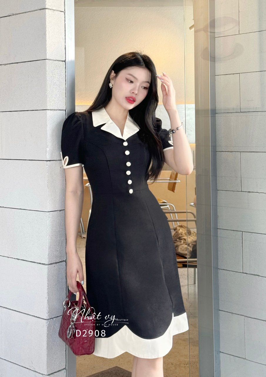 Đầm cổ vest đính cúc bọc phối viền kiểu - D2908