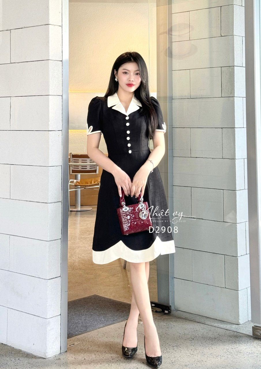 Đầm cổ vest đính cúc bọc phối viền kiểu - D2908