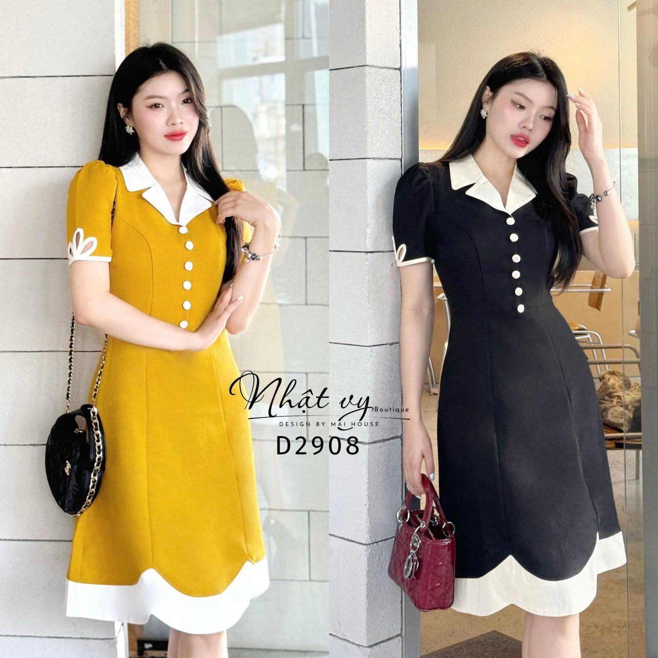 Đầm cổ vest đính cúc bọc phối viền kiểu - D2908