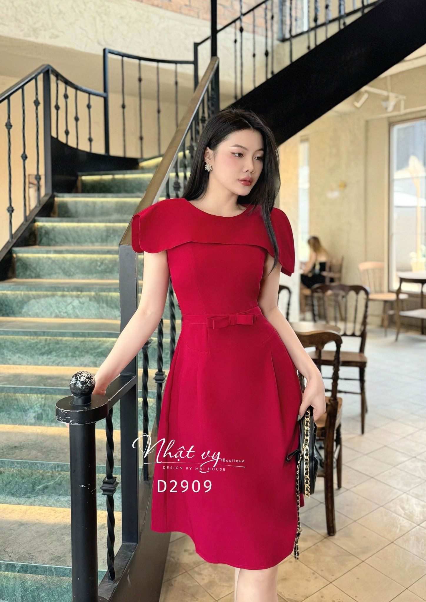 Đầm cổ thuyền dáng ôm đính nơ - D2909