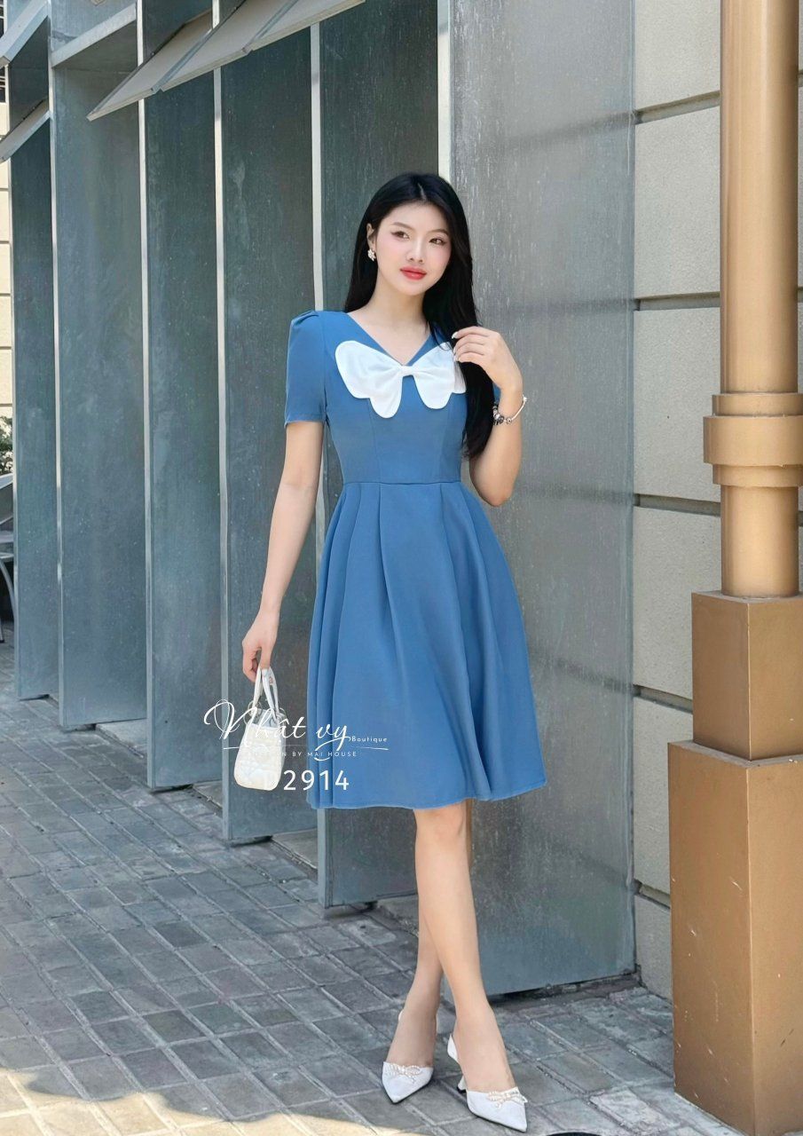 Đầm cổ V tay nhún dáng xoè xếp ly - D2914