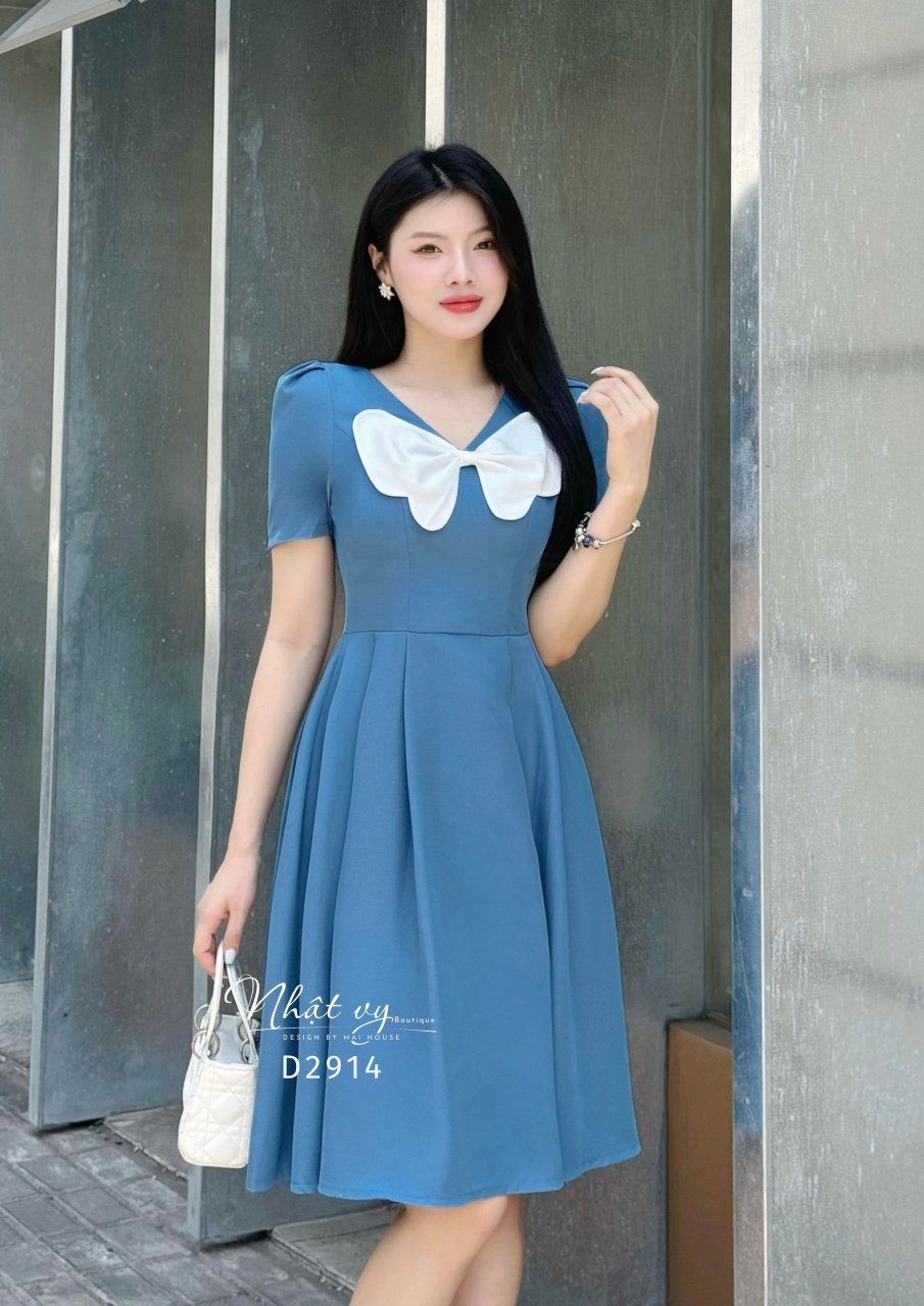 Đầm cổ V tay nhún dáng xoè xếp ly - D2914
