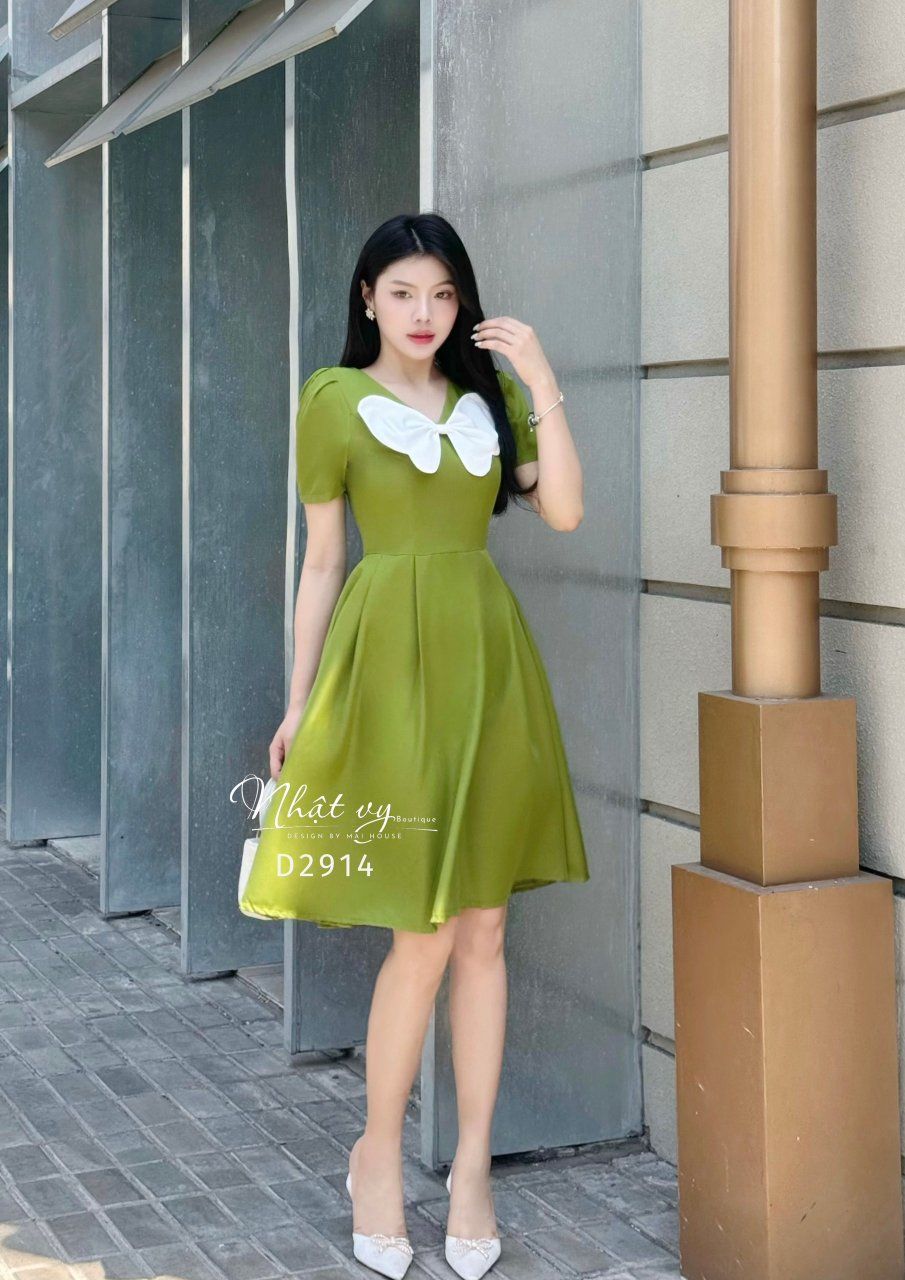 Đầm cổ V tay nhún dáng xoè xếp ly - D2914