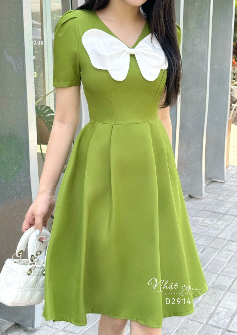 Đầm cổ V tay nhún dáng xoè xếp ly - D2914