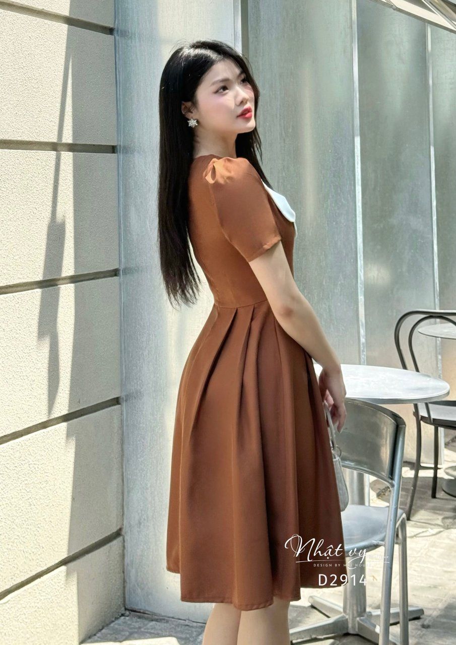 Đầm cổ V tay nhún dáng xoè xếp ly - D2914