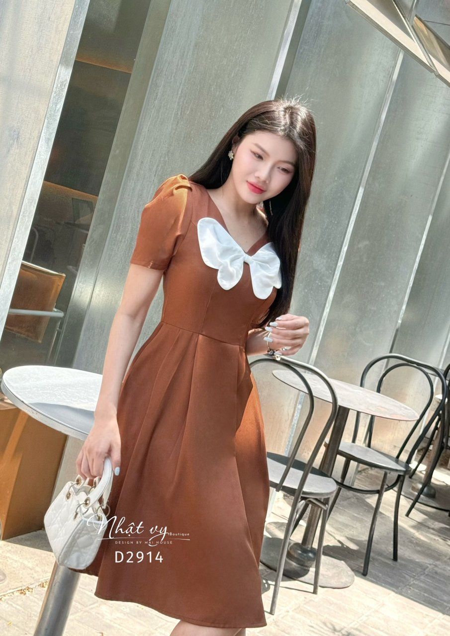 Đầm cổ V tay nhún dáng xoè xếp ly - D2914