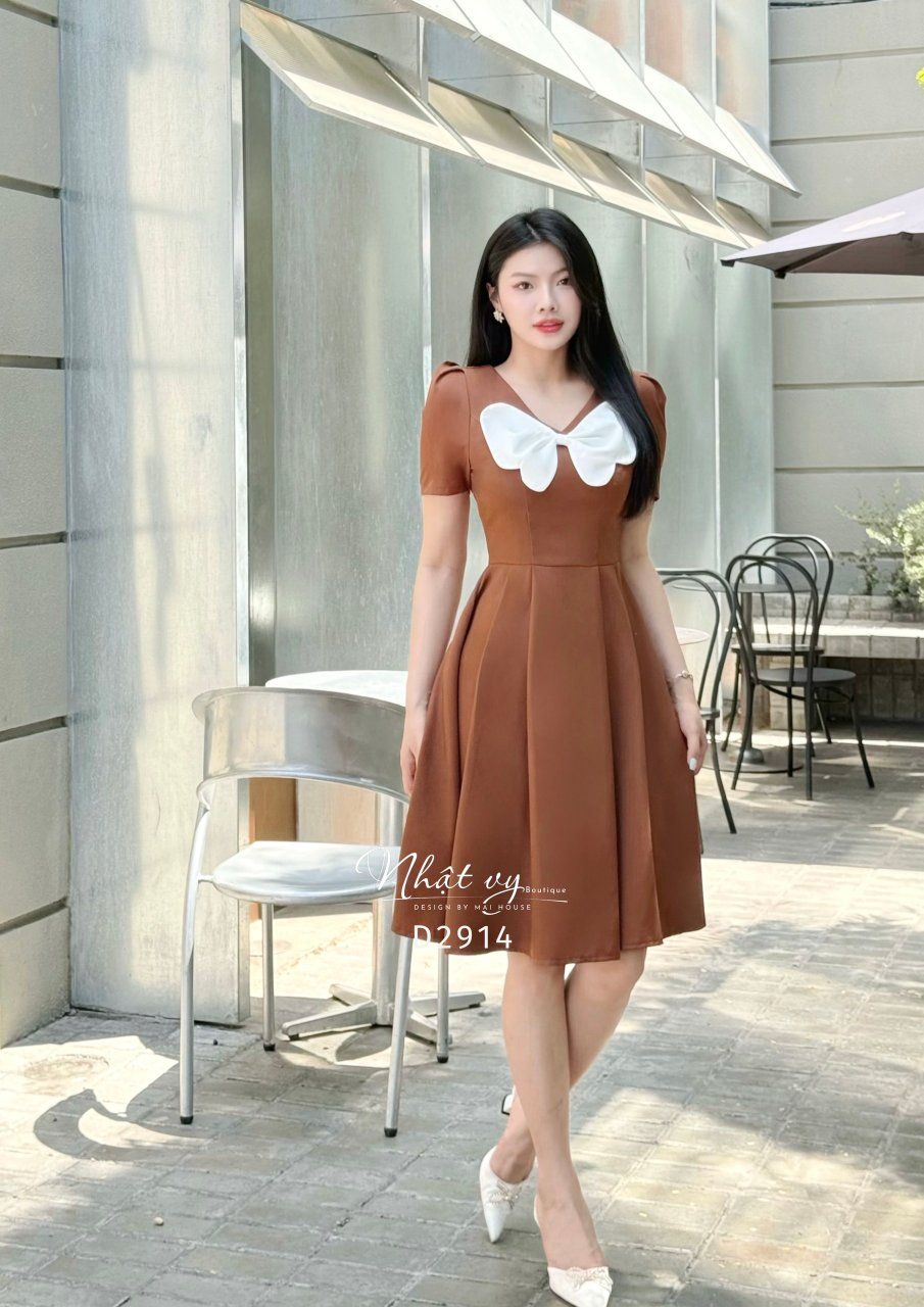 Đầm cổ V tay nhún dáng xoè xếp ly - D2914