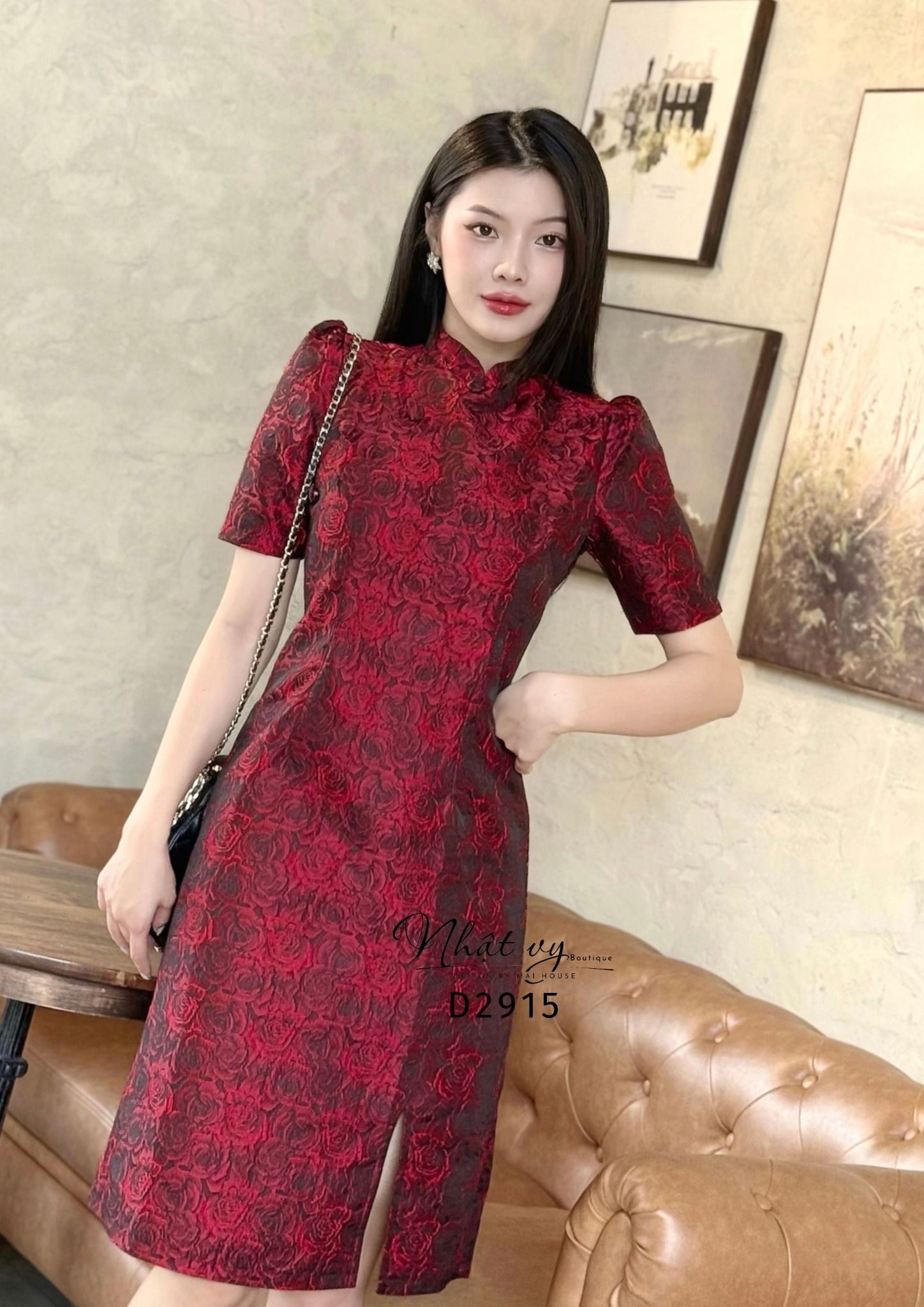 Đầm sườn xám cúc bọc - D2915