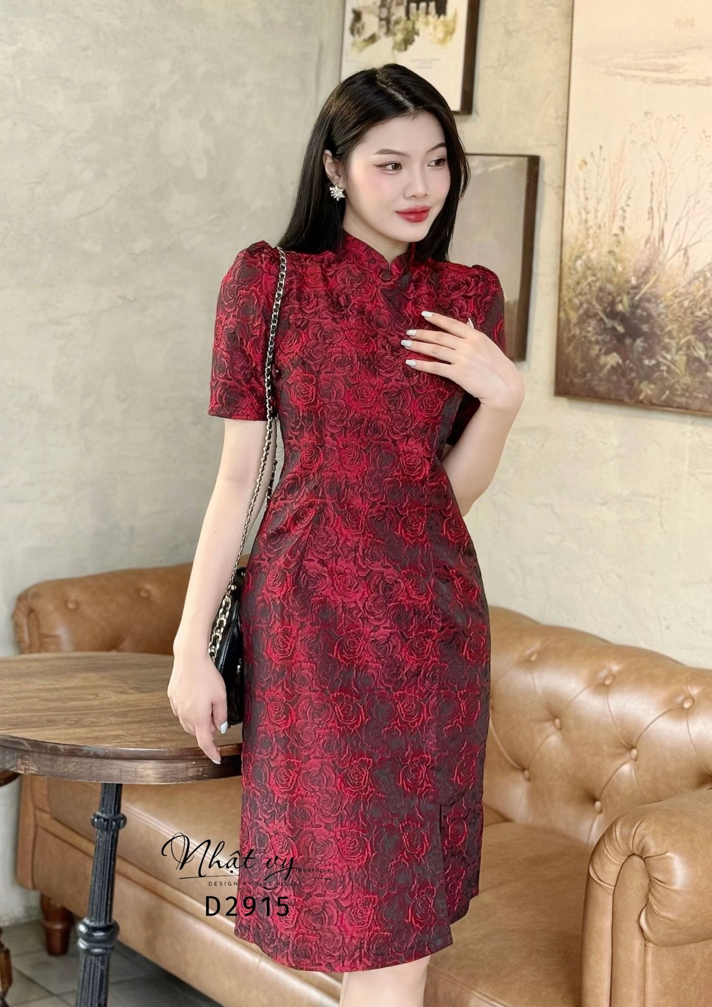 Đầm sườn xám cúc bọc - D2915