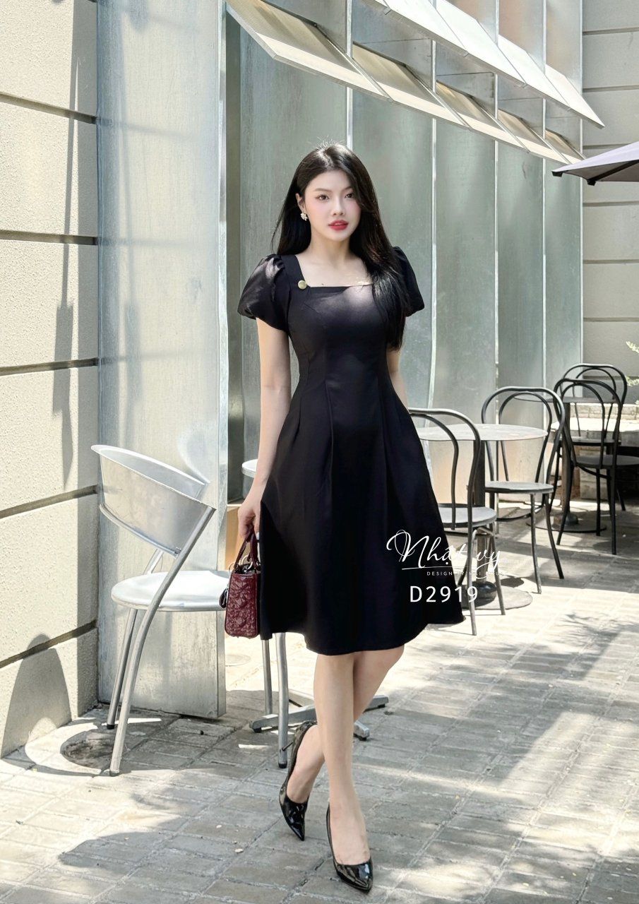 Đầm cổ vuông tay bí form dáng xoè - D2919