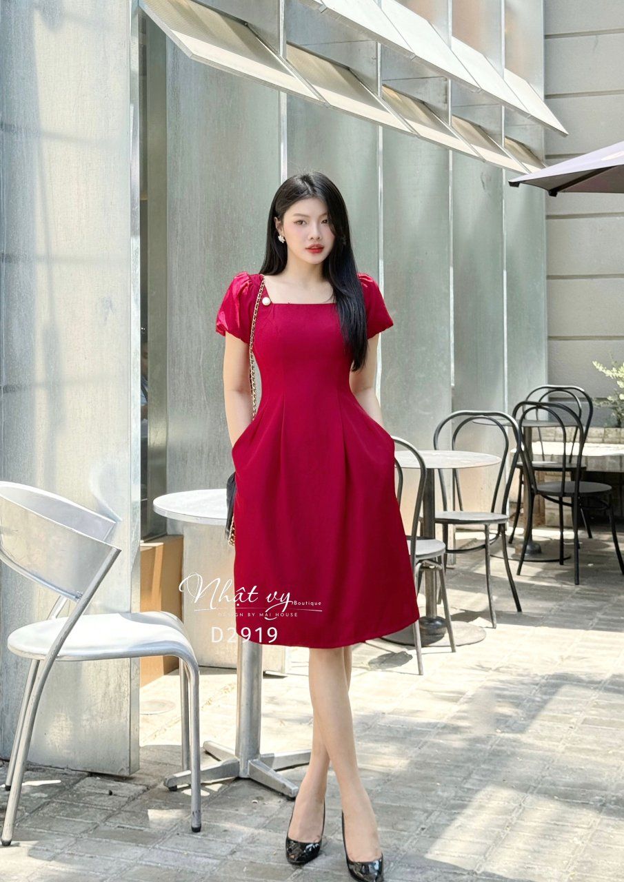 Đầm cổ vuông tay bí form dáng xoè - D2919
