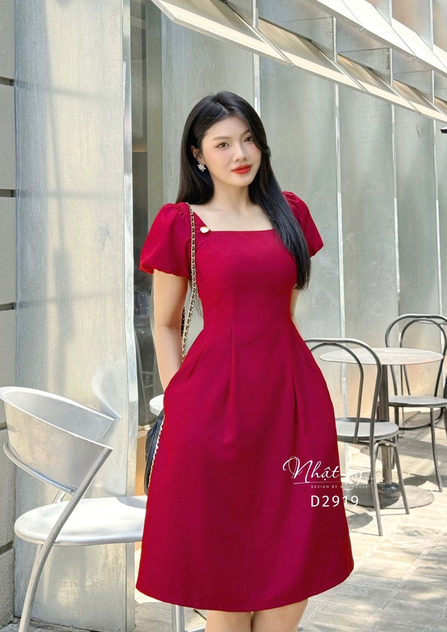 Đầm cổ vuông tay bí form dáng xoè - D2919