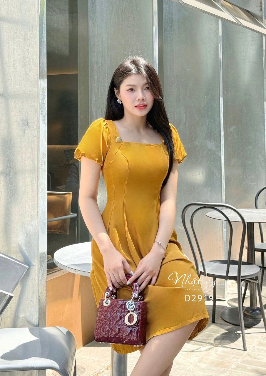 Đầm cổ vuông tay bí form dáng xoè - D2919