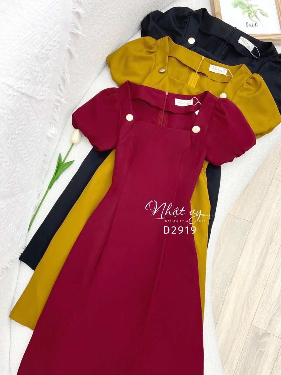 Đầm cổ vuông tay bí form dáng xoè - D2919