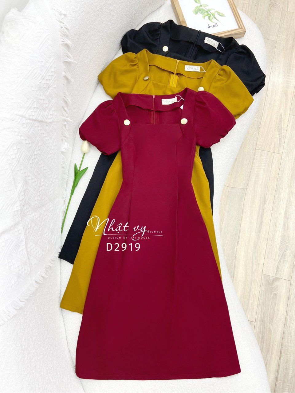 Đầm cổ vuông tay bí form dáng xoè - D2919