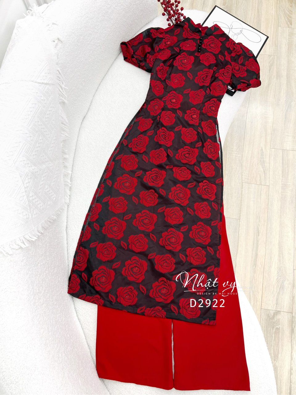 Áo dài cổ tàu đính ngọc tay bí - D2922