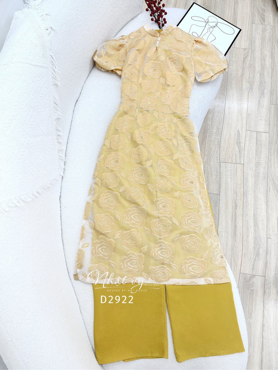 Áo dài cổ tàu đính ngọc tay bí - D2922