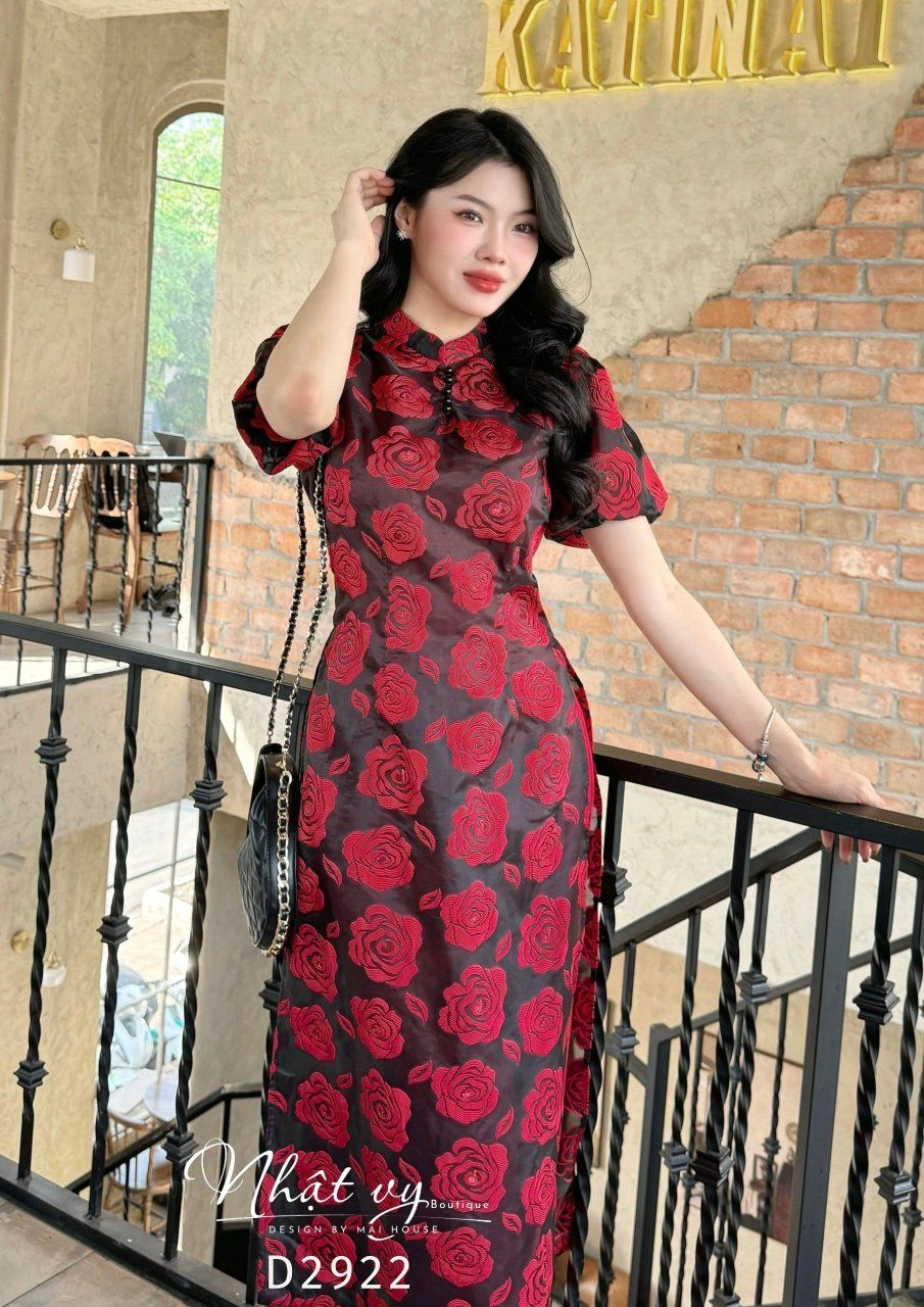 Áo dài cổ tàu đính ngọc tay bí - D2922