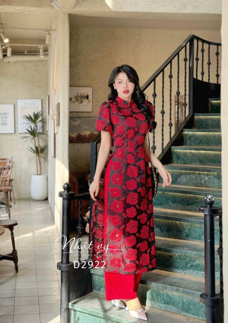Áo dài cổ tàu đính ngọc tay bí - D2922