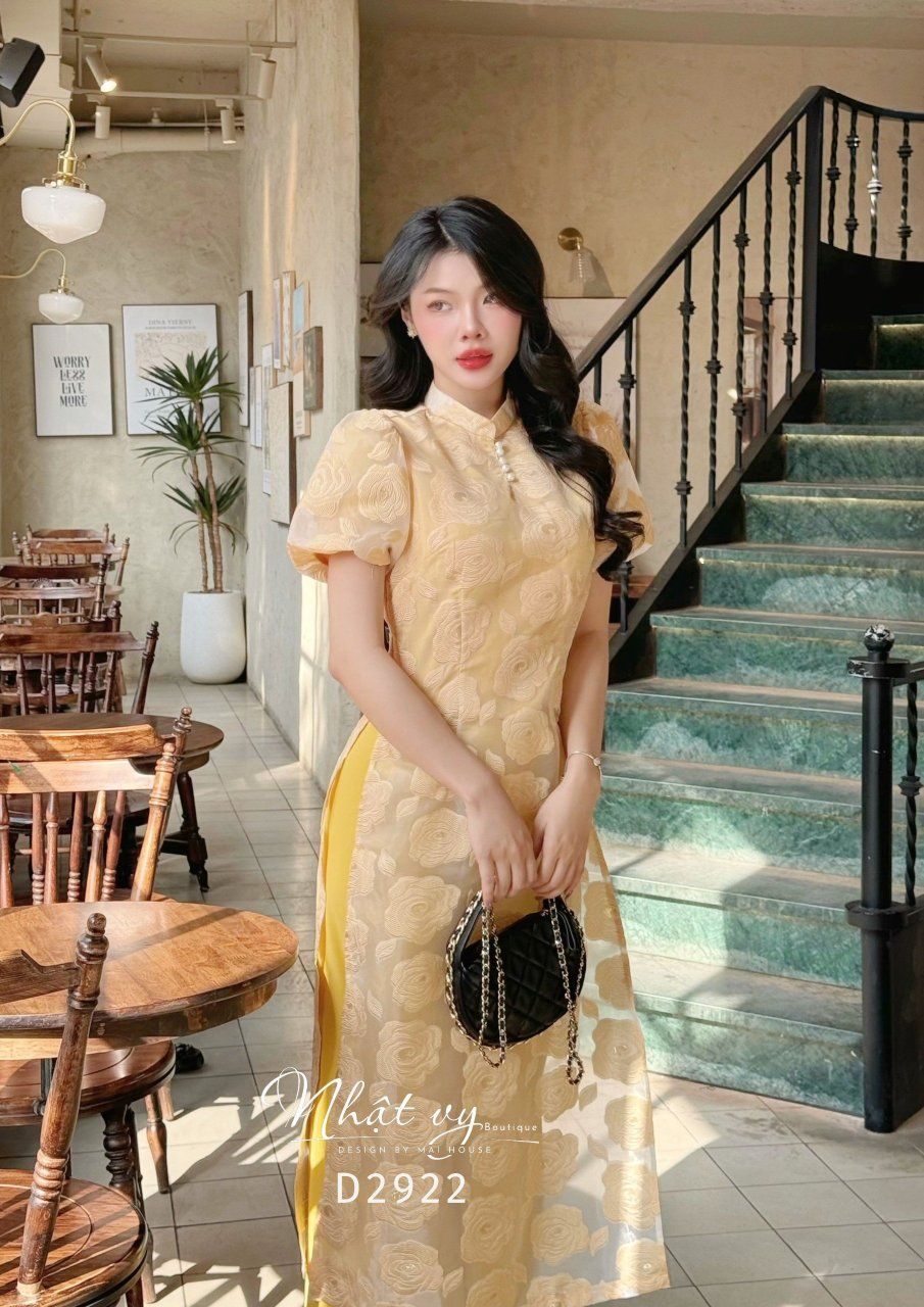 Áo dài cổ tàu đính ngọc tay bí - D2922