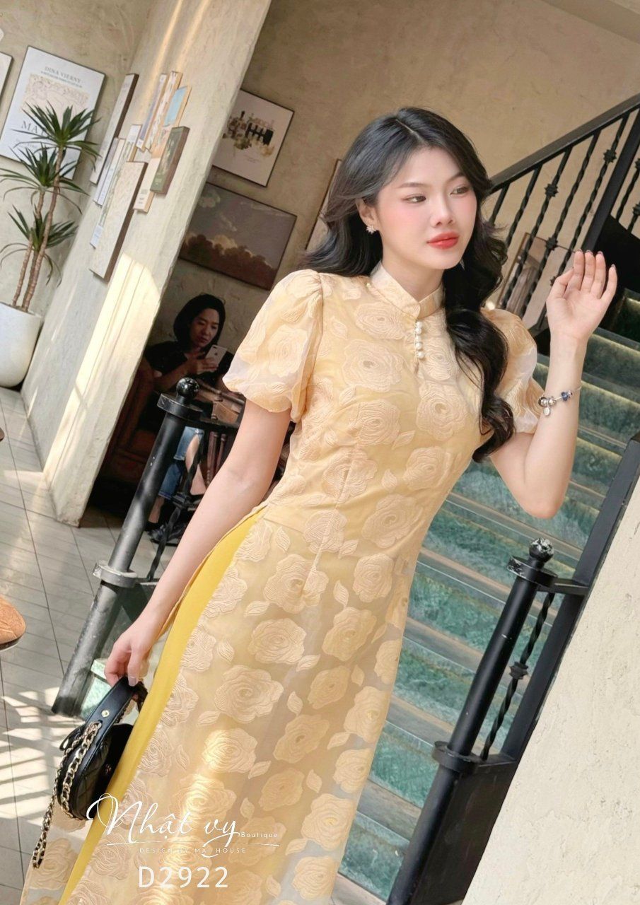 Áo dài cổ tàu đính ngọc tay bí - D2922