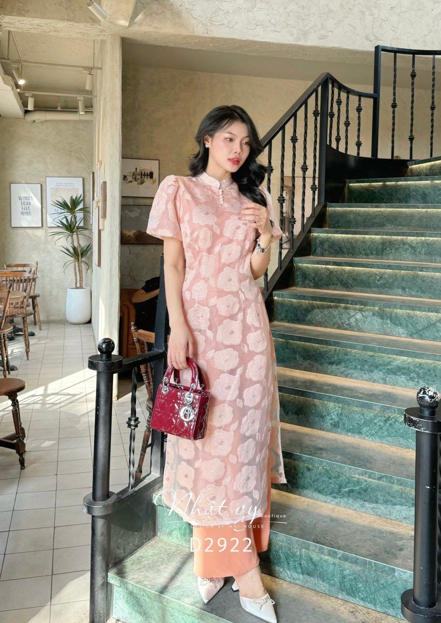 Áo dài cổ tàu đính ngọc tay bí - D2922