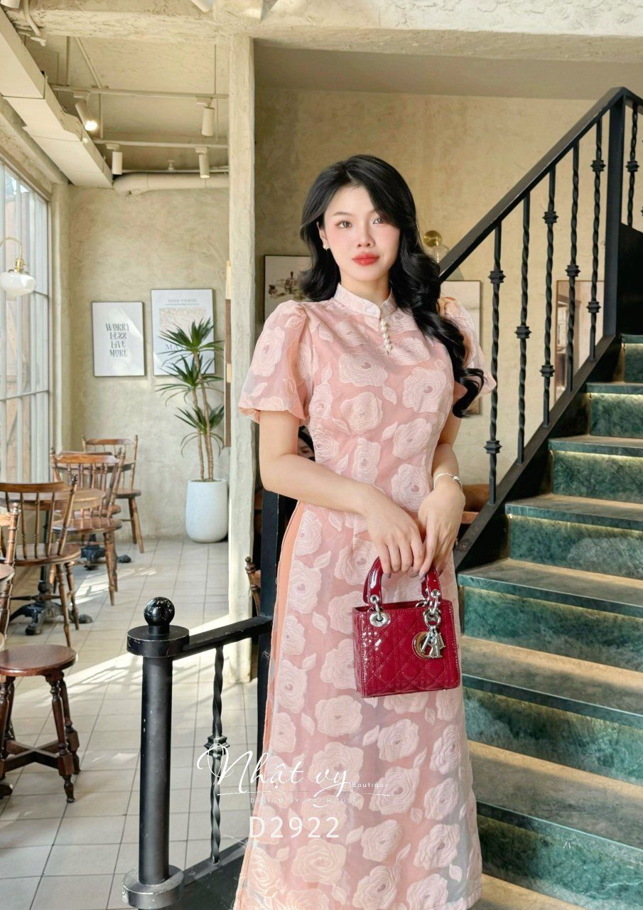 Áo dài cổ tàu đính ngọc tay bí - D2922