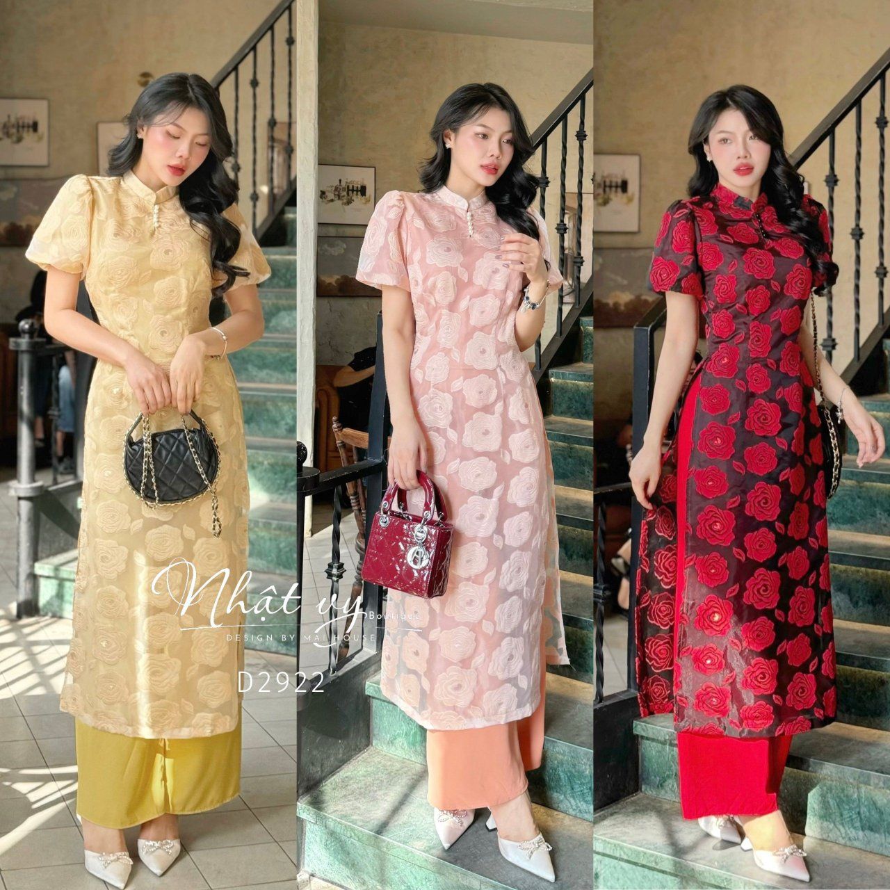 Áo dài cổ tàu đính ngọc tay bí - D2922