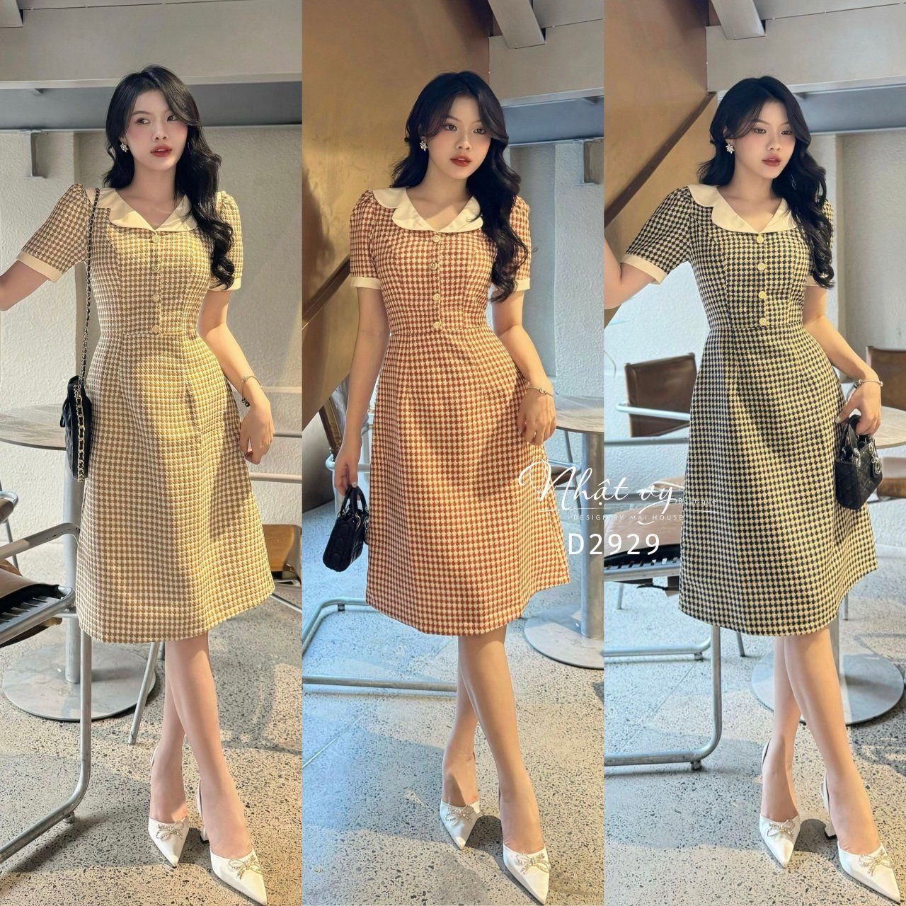 Đầm cổ V phối bèo đính cúc giả form dáng ôm - D2929