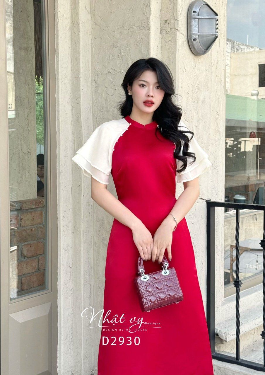 Áo dài cổ tàu đính hạt ngọc phối tay cánh tiên - D2930