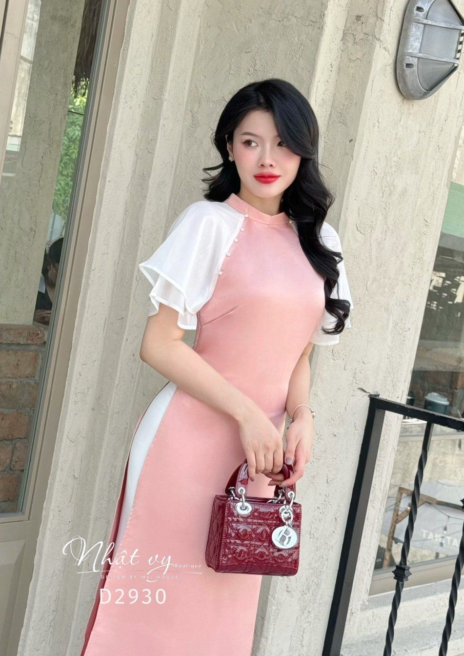 Áo dài cổ tàu đính hạt ngọc phối tay cánh tiên - D2930