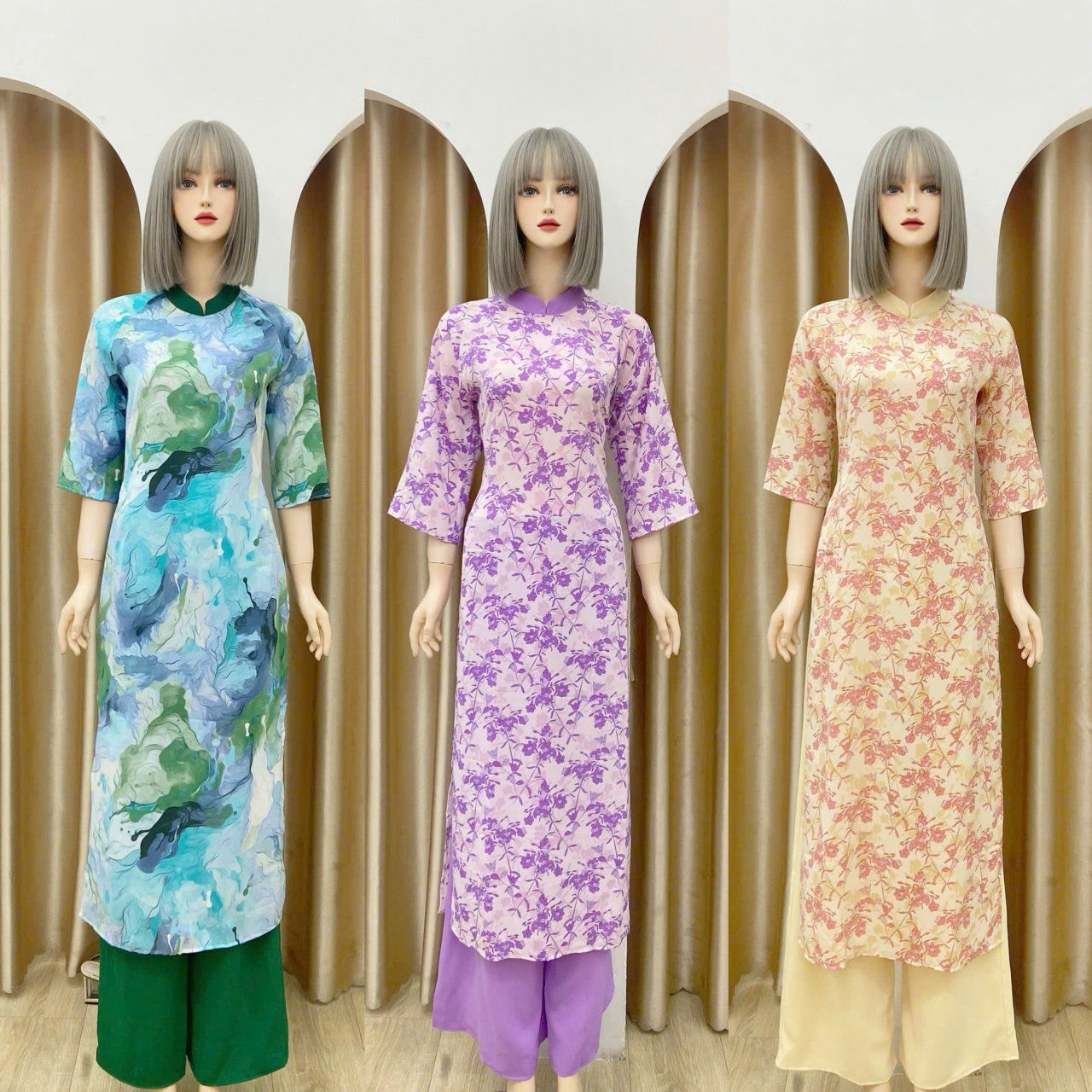 Áo dài lụa hoa tay lỡ - D2932