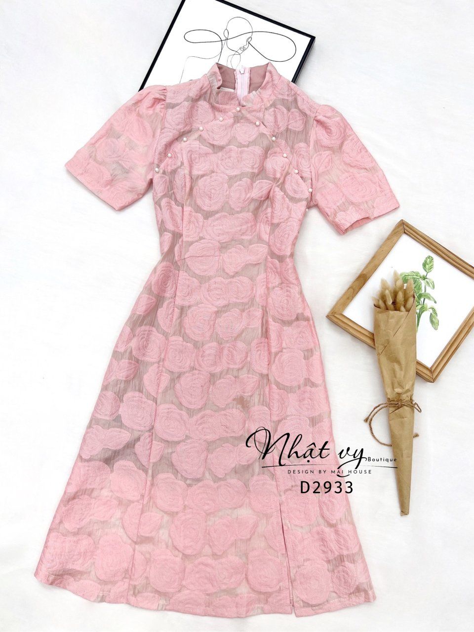 Đầm sườn xám viền hạt ngọc - D2933