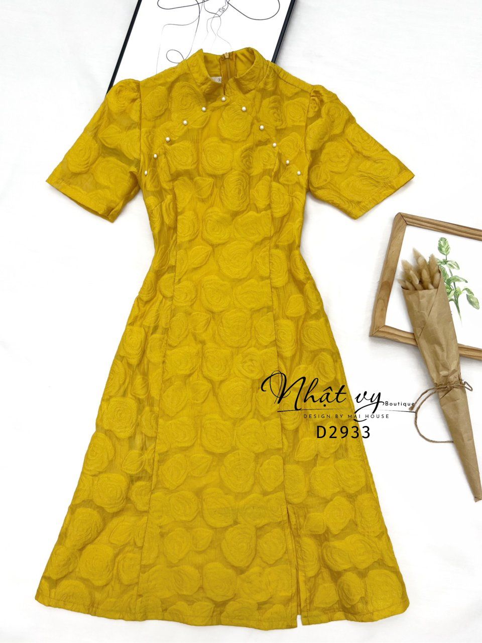 Đầm sườn xám viền hạt ngọc - D2933