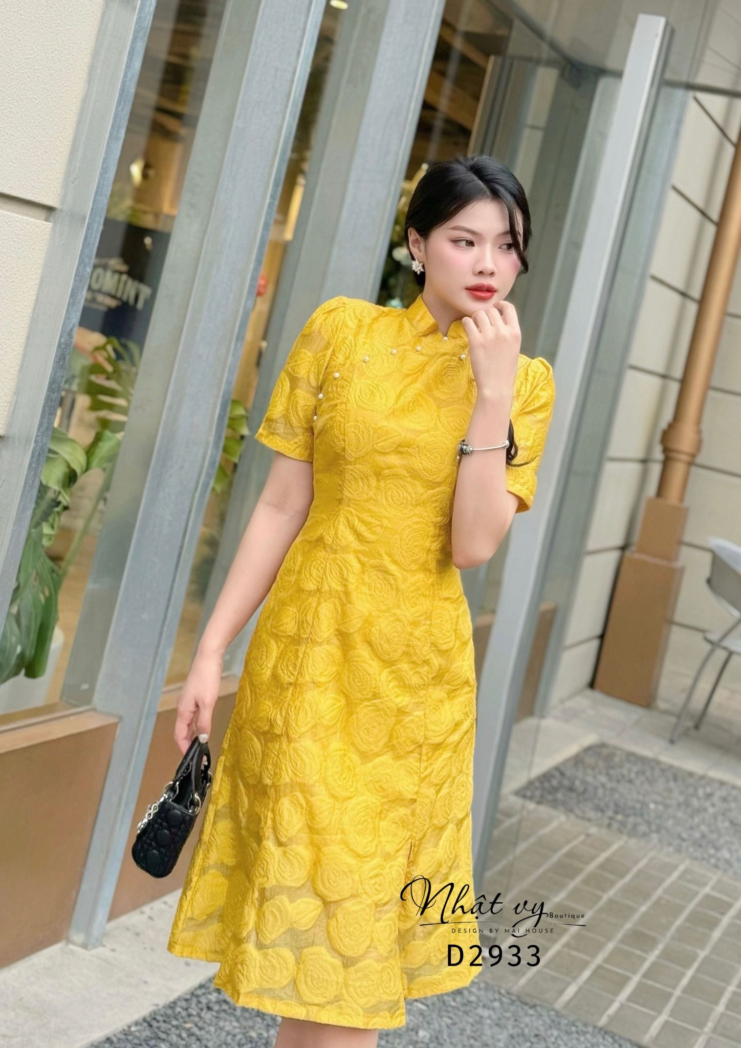Đầm sườn xám viền hạt ngọc - D2933