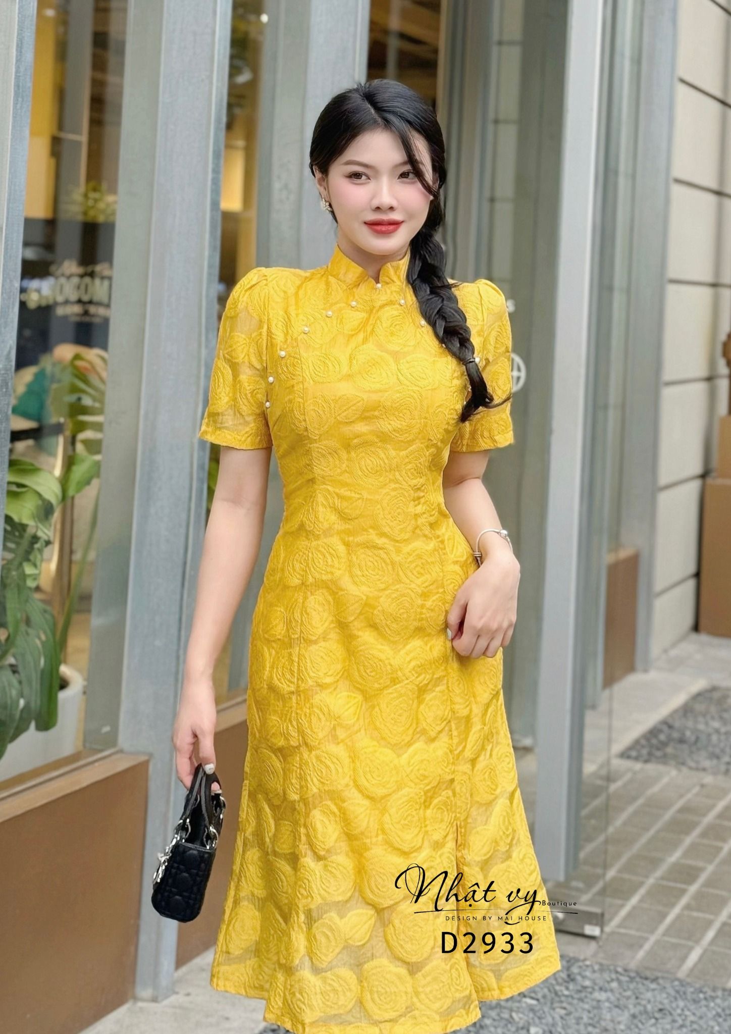 Đầm sườn xám viền hạt ngọc - D2933