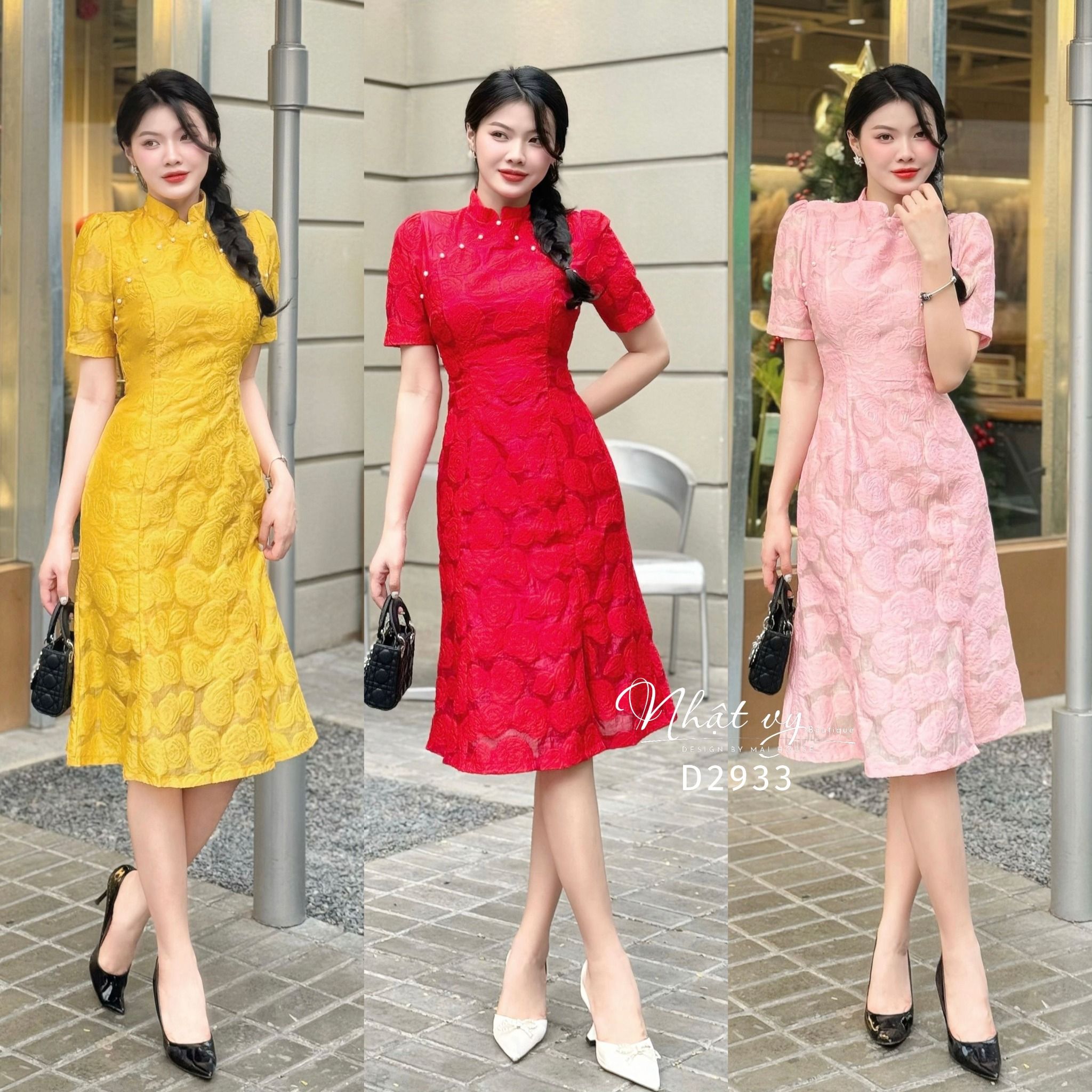 Đầm sườn xám viền hạt ngọc - D2933