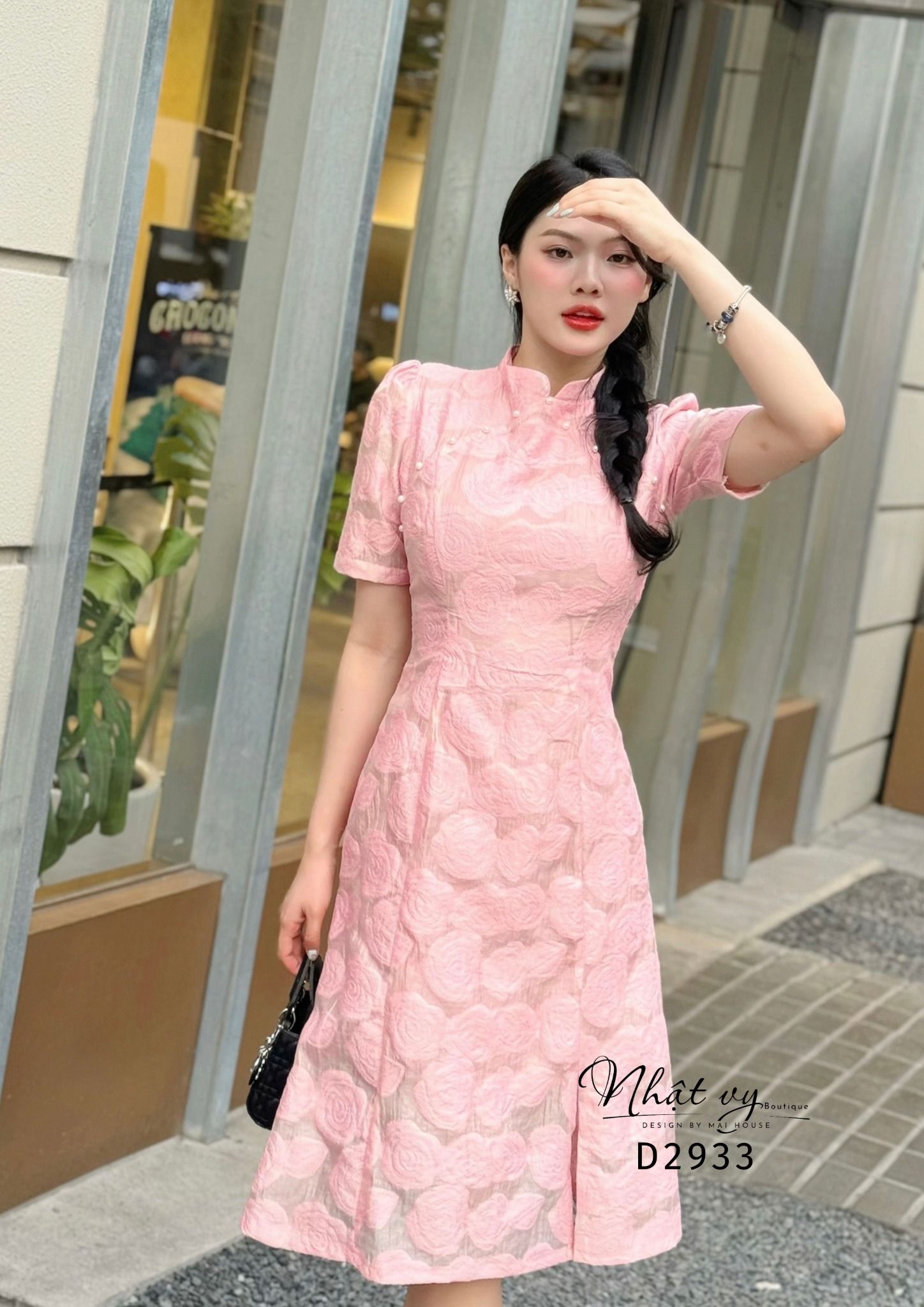 Đầm sườn xám viền hạt ngọc - D2933