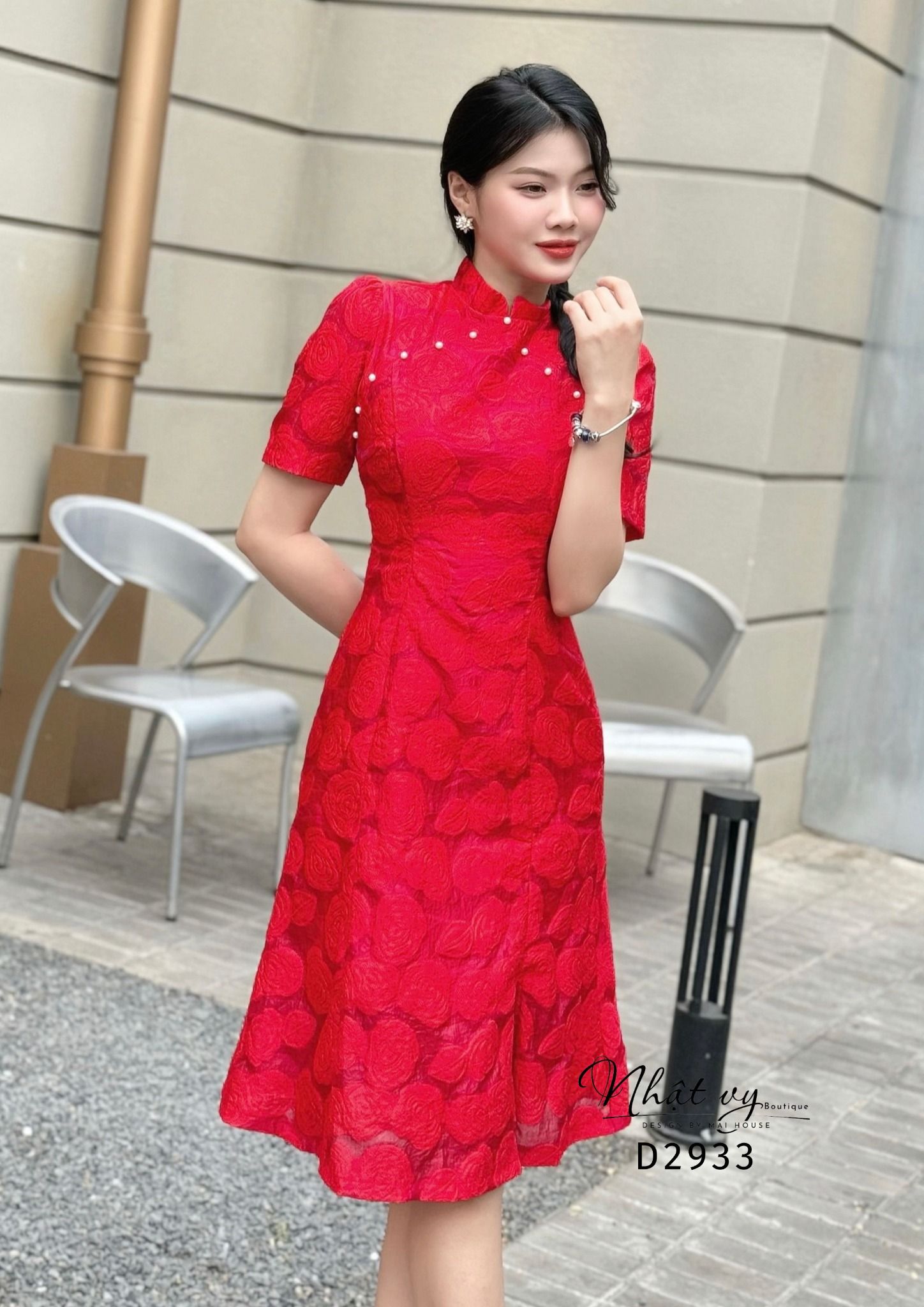 Đầm sườn xám viền hạt ngọc - D2933