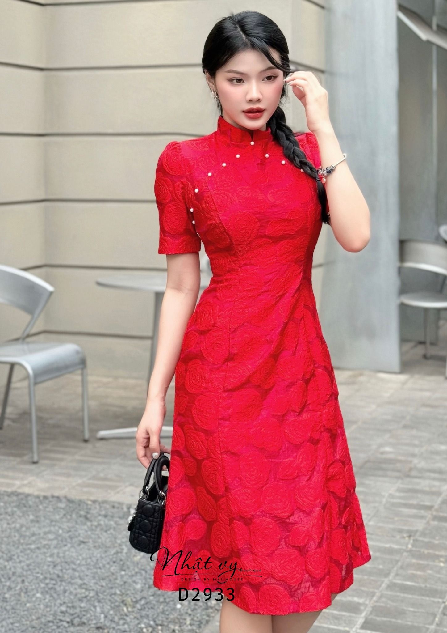 Đầm sườn xám viền hạt ngọc - D2933
