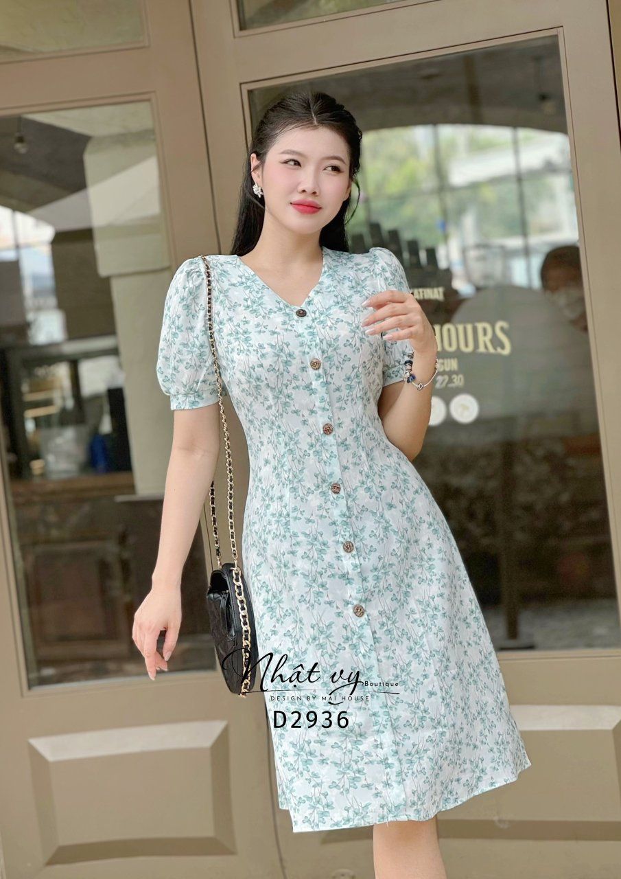 Đầm cổ tim hoa chít ben eo đính cúc gỗ - D2936
