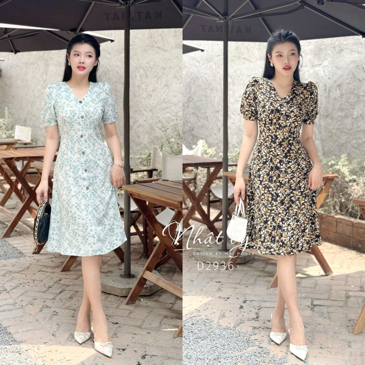 Đầm cổ tim hoa chít ben eo đính cúc gỗ - D2936
