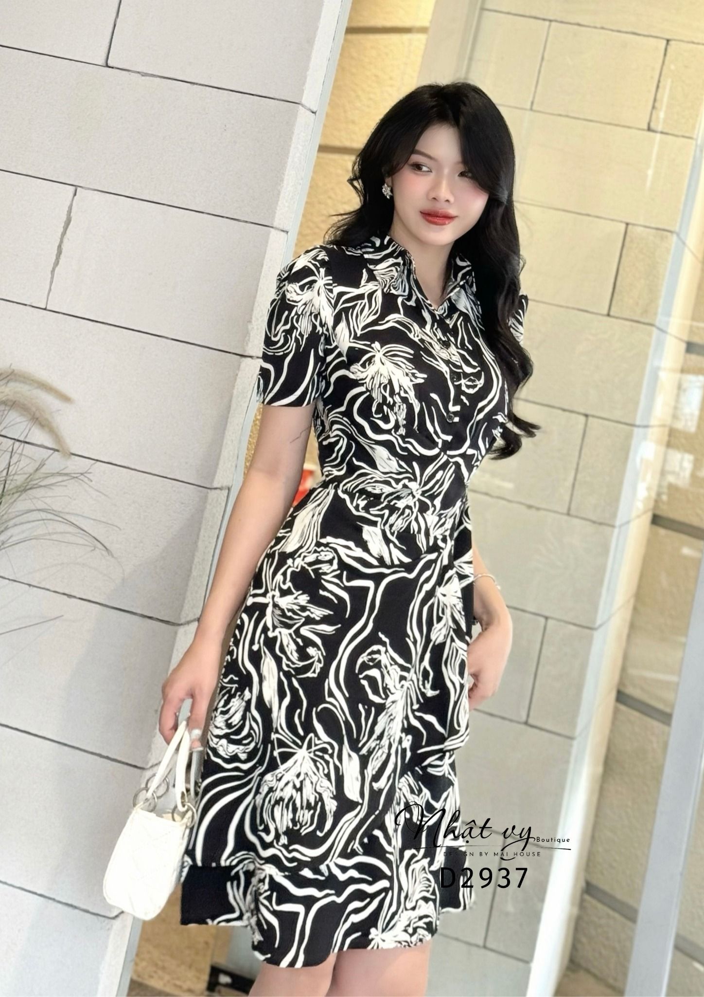 Đầm hoa cổ sơ mi nhún eo cách điệu - D2937