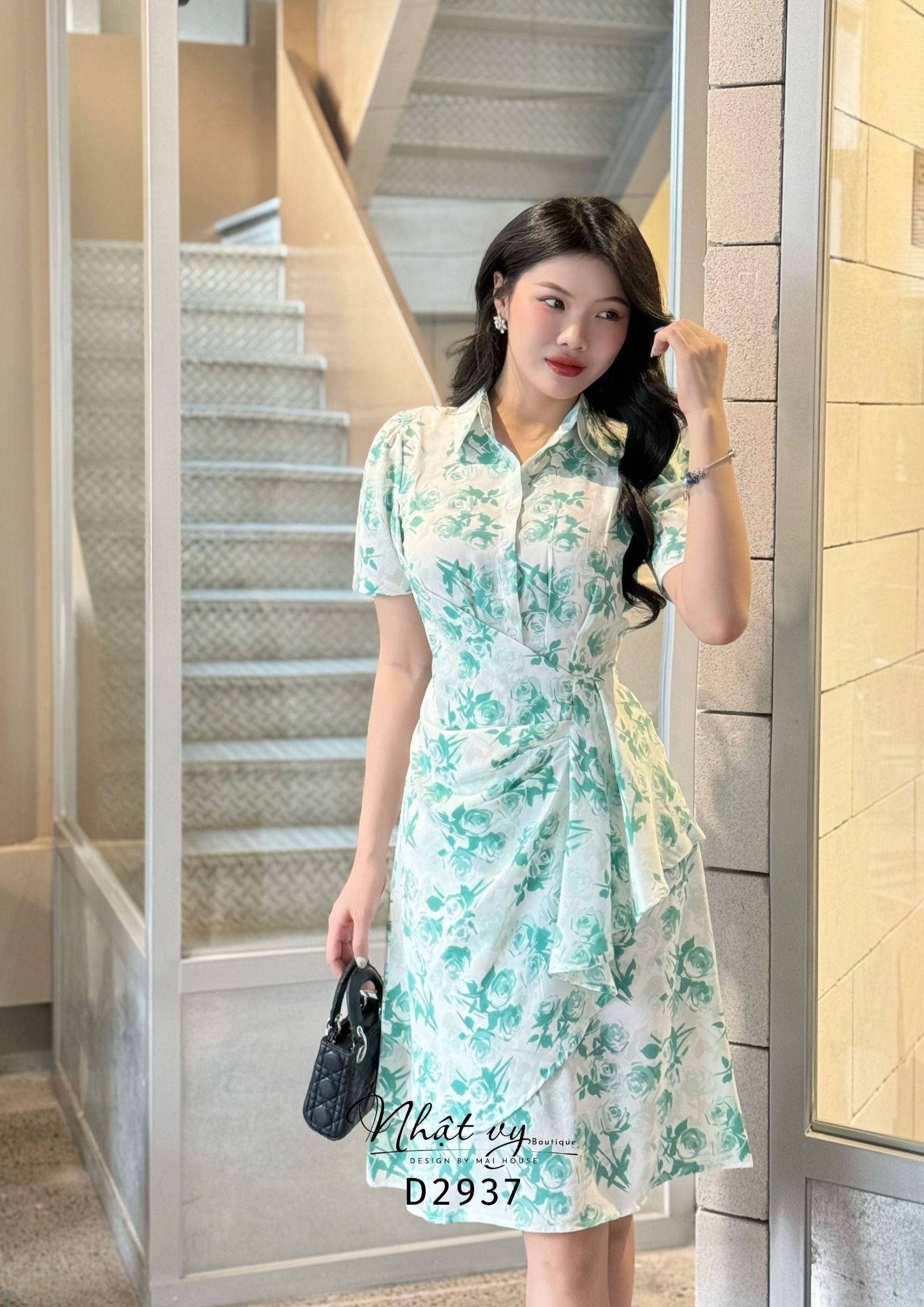 Đầm hoa cổ sơ mi nhún eo cách điệu - D2937