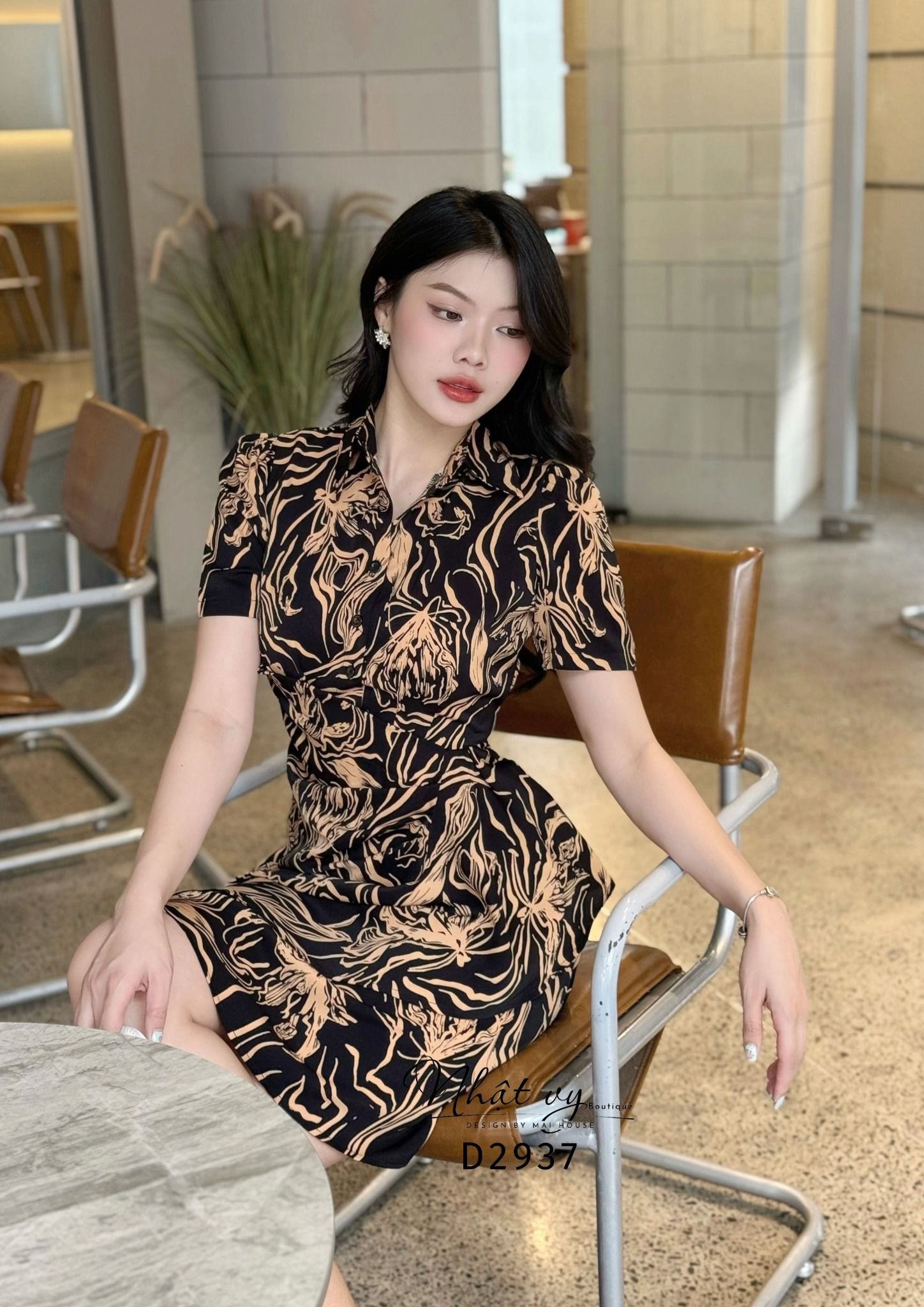 Đầm hoa cổ sơ mi nhún eo cách điệu - D2937