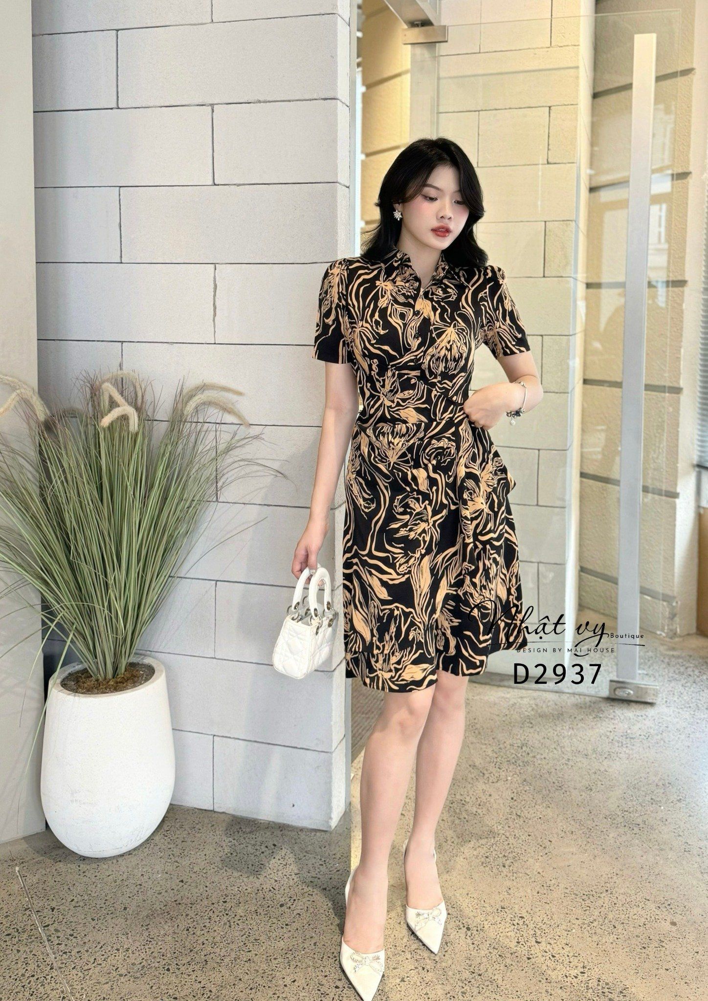 Đầm hoa cổ sơ mi nhún eo cách điệu - D2937
