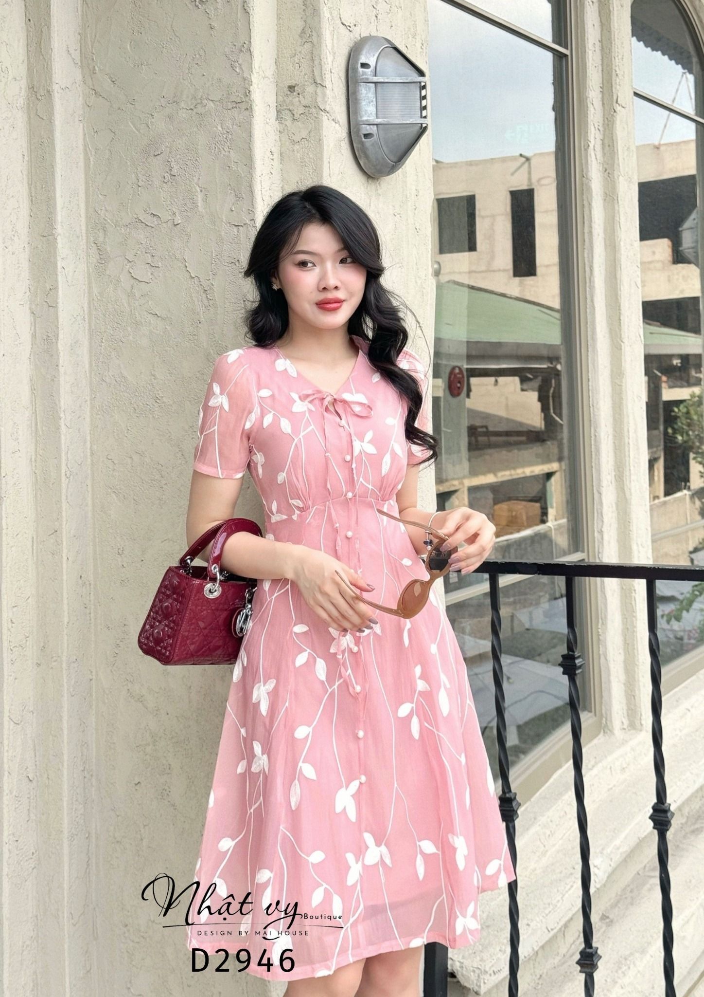 Đầm cổ tim thắt nơ đính ngọc form dáng xoè - D2946