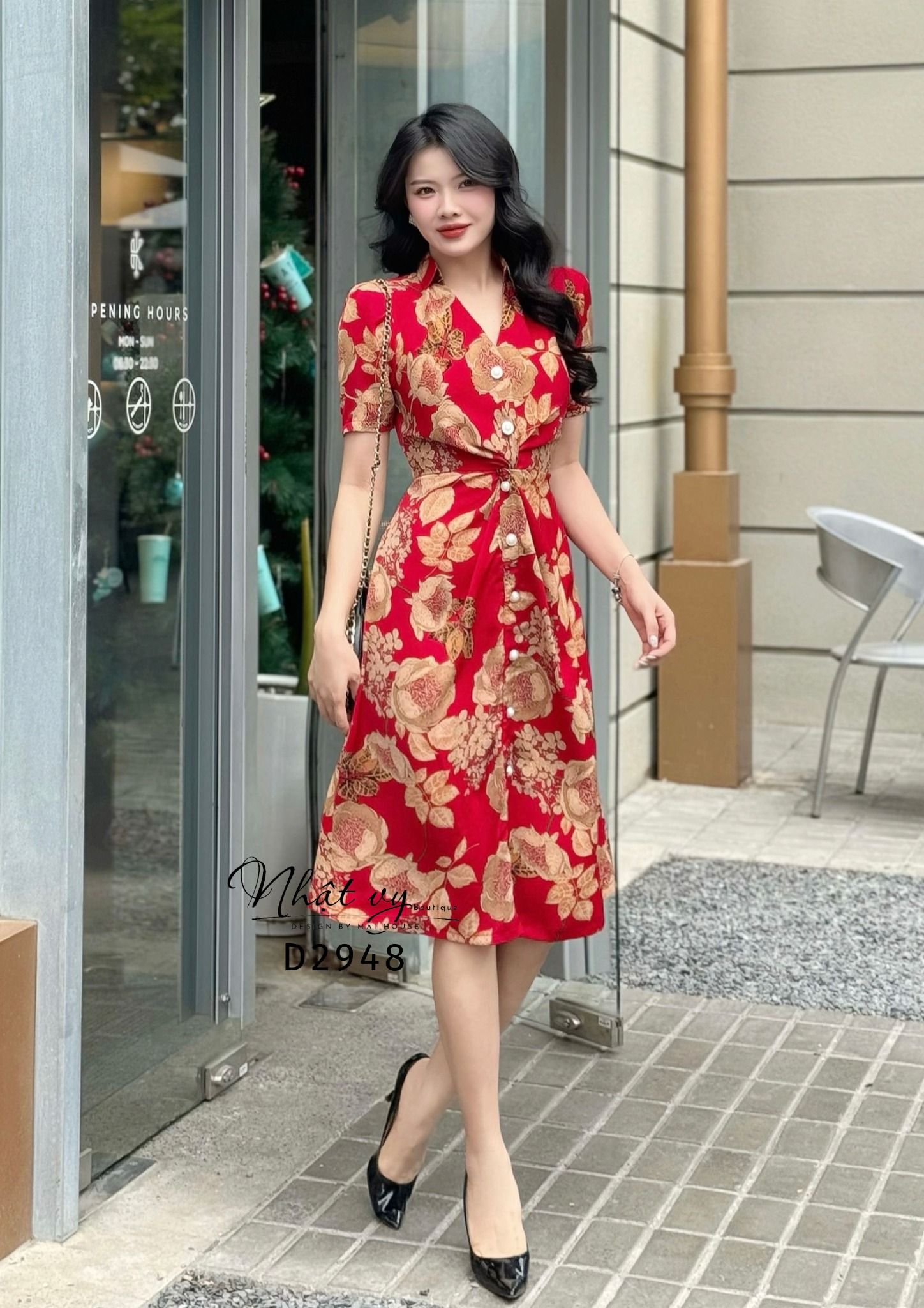 Đầm hoạ tiết xoắn eo cổ sơ mi form dáng ôm - D2948