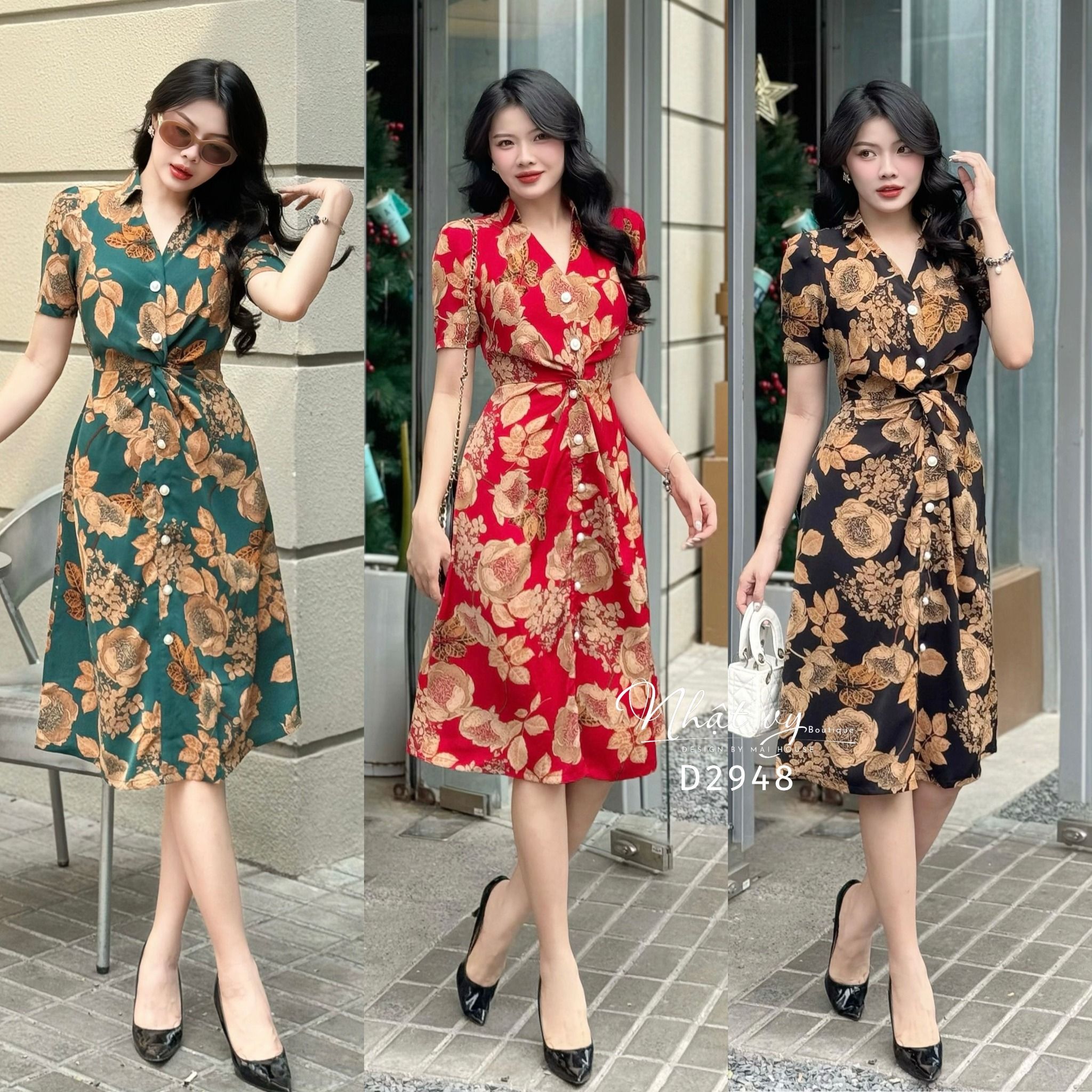 Đầm hoạ tiết xoắn eo cổ sơ mi form dáng ôm - D2948