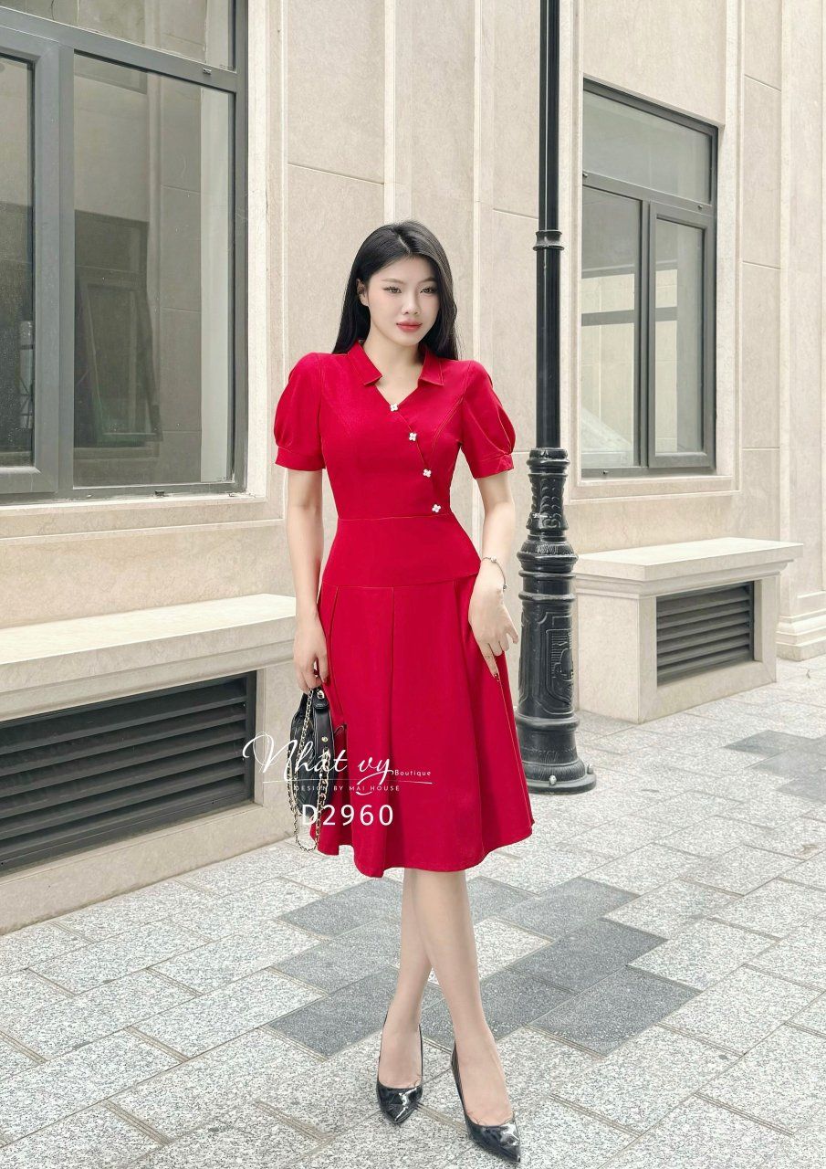 Đầm cổ sơ mi cách điệu dáng ôm đính cúc giả - D2960